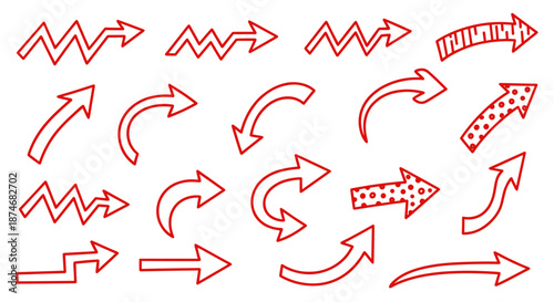 A collection of red vector arrows indicating different directions and motions on transparent background