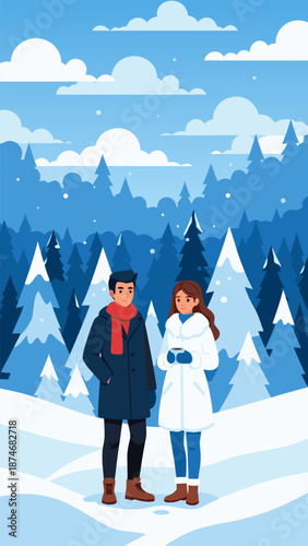 Vector illustration of a couple enjoying a winter wonderland with snow-covered trees and a clear blue sky