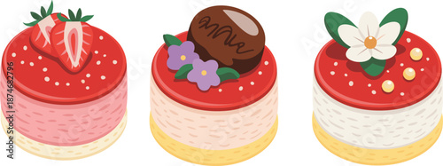 Cute layered mini cakes illustration set with strawberry chocolate and floral toppings, colorful dessert icons, sweet bakery treats isolated on white background