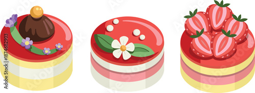 Three artistic layered cakes with red glaze and vibrant toppings, ideal for dessert branding, patisserie visuals, and gourmet food photography