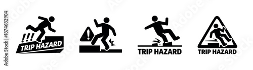Trip hazard vector icons set with warning signs and safety symbols