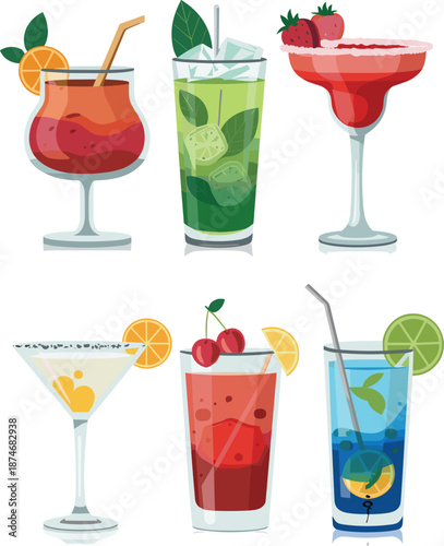 cocktails with fruit garnishes in various glass styles for mixology visuals, party design, and beverage branding conten