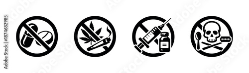 Prohibited substances vector icons set: drugs, cannabis, syringe, skull symbols