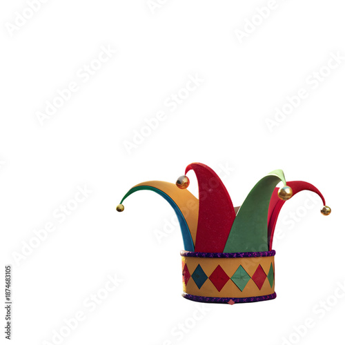 Vibrant Jester's Hat with Colorful Diamond Pattern and Glittery Trim on transparent background