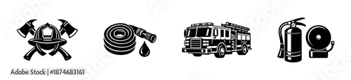 Firefighter tools vector icons set: helmet, axe, fire truck, extinguisher symbols