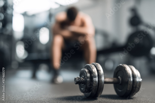Testosterone level drop can affect muscle strength and motivation as seen in gym setting with dumbbell and tired man sitting on bench