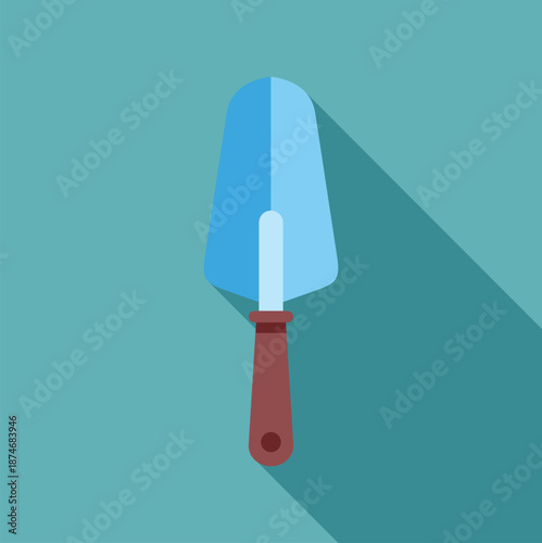 Blue garden trowel with a brown handle and a long shadow on a teal background