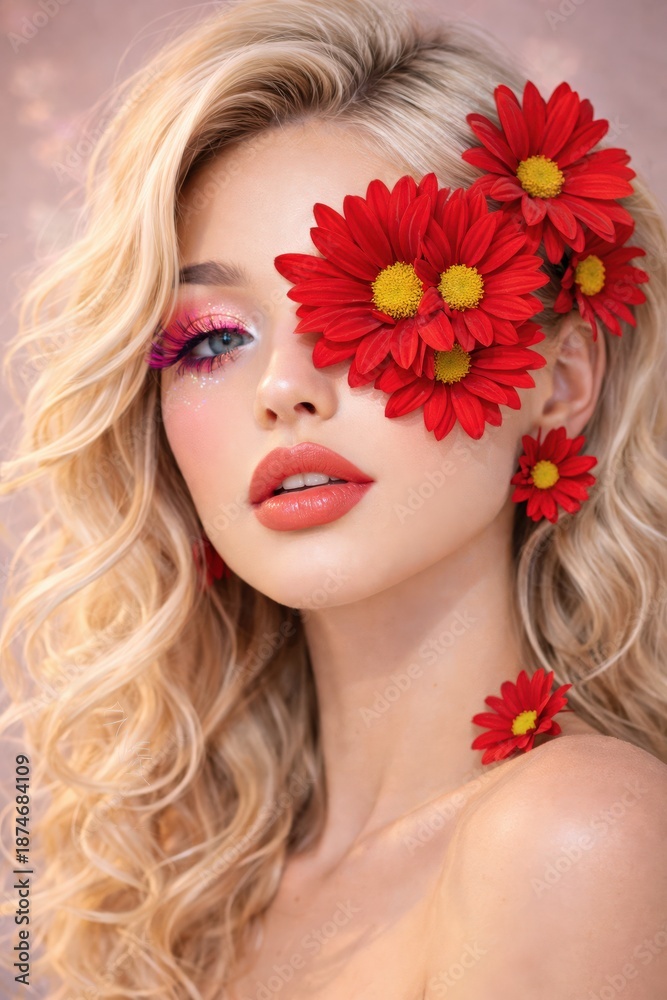 Fototapeta premium A striking beauty shot featuring a model adorned with red and yellow flowers.