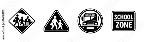 School zone safety vector icons set with traffic signs and symbols for education