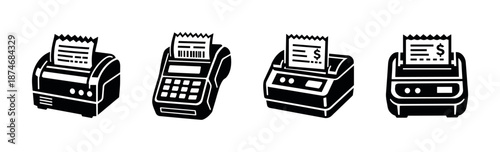 Receipt printers vector icons set. black cash register symbols. pos machine designs