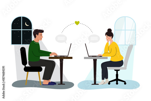 Flat vector illustration of man and woman communicating online on laptops. Long distance relationship, digital love, messaging apps, social media lifestyle