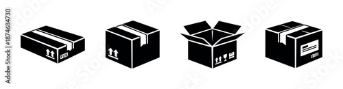 Shipping boxes vector icons set – carton packaging, delivery symbols, cardboard crates