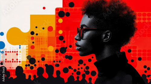 Striking silhouette profile of stylish young individual with afro and glasses, set against energetic abstract graphic background dominated by bold red, yellow shapes, and crowd below.