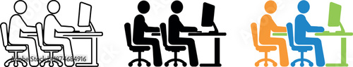 Teamwork Silhouette Trio. Collaborative workflow shown by an employee silhouette seated upright using a computer terminal to