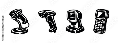 Barcode scanner vector icons set: handheld, wireless, pos, inventory management