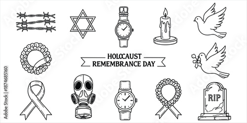 Holocaust Remembrance Day Line Art Icons With Barbed Wire Gas Mask And Dove star of david watch
