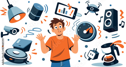 Image Generation. Smart home interior bursting into disorder as lights tilt, speakers float, and thermostats twist away from