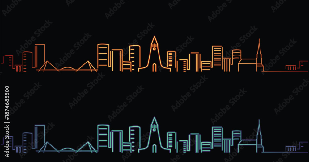 Naklejka premium Reykjavik Neon Style Simple Skyline on Dark Background