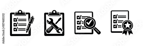 Task management tools vector icons set: checklist, inspection, tools, certificate