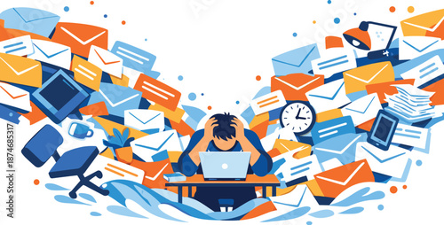 Image Generation. Office workspace dissolving into chaos as abstract envelope shapes and message blocks pour downward like a flood