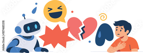 Image Generation. Everyday conversation space unfolding softly where a friendly machine leans toward a human, abstract emotion