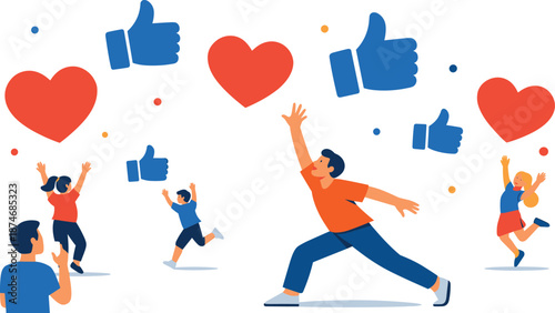 Image Generation. Social scene unfolding in open space where a person reaches upward as floating heart and thumb-like shapes drift