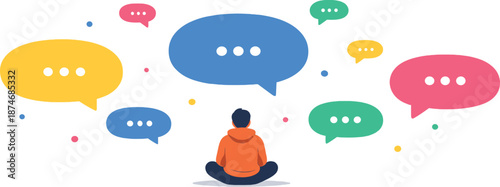 Image Generation. Quiet digital landscape unfolding in open space where a solitary figure sits surrounded by floating message