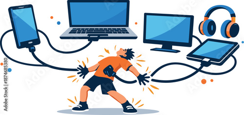 Image Generation. Human figure standing in open space connected by a thick power cable umbilical to floating digital devices, body