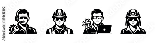 Technology professionals vector icons set: workers, engineers, and tech support symbols