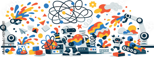 Image Generation. Artificial intelligence lab scene erupting into playful chaos as machines generate abstract shapes