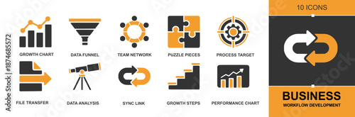 Business Workflow Development icon set. Containing process steps, data funnel, sync links, file transfer, network, performance chart, growth stages, analysis, automation, and more. Solid vector icons