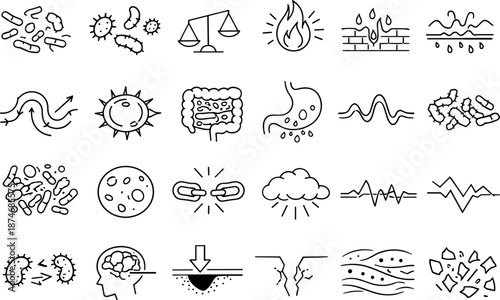 Image Generation. Line vector icons of dysbiosis and imbalance: disrupted colony, excess harmful bacteria, imbalance scale tilt,