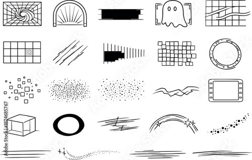 Time-Worn Icons. Line vector icons of stream-aging symbols: time-warp tile, aging frame arc, luma-fade band, retro timestamp ghost