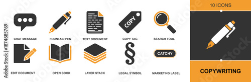 Copywriting icon set. Containing chat message, fountain pens, text documents, copy tags, search tool, edit document, open book, layer stack, legal symbol, marketing label and more. Solid vector icons