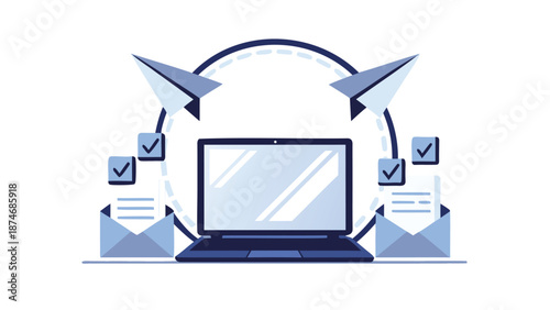 Laptop with emails and paper planes in a cycle of communication and organization on a white background