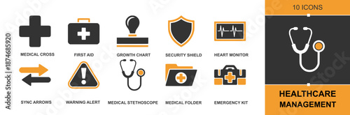 Healthcare Management icon set. Containing medical cross, first aid, stethoscope, heart monitor, emergency kits, security shield, growth charts, warning alert, sync arrows and more. Solid vector icons