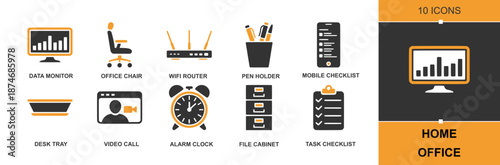 Home Office icon set. Containing data monitor, office chair, wifi router, mobile checklist, video call, alarm clock, file cabinet, desk tray, pen holder task checklist pad and more. Solid vector icons
