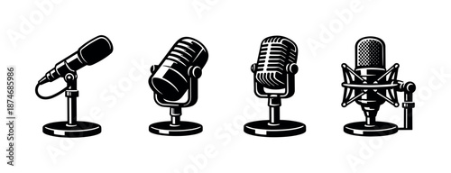 Vintage microphones vector icons set: retro, classic, music, recording equipment