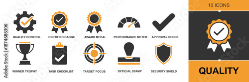 Quality icon set. Containing quality control, certified badge, award medal, performance meter, approval tick, task checklist, target focus, official stamp, security shield and more. Solid vector icons