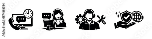 Customer support vector icons set with tools and communication symbols