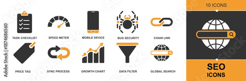 SEO icon set. Containing task checklist, speed meter, mobile device, bug security, chain link, price tag, sync process, growth chart, data filter, global search, audit SEO and more. Solid vector icons