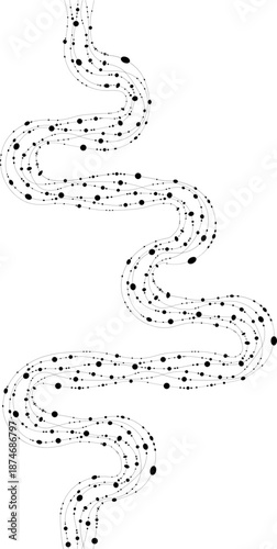 Asymmetric path forms a maze using wave turns and dots to convey navigation and elapsed motion.