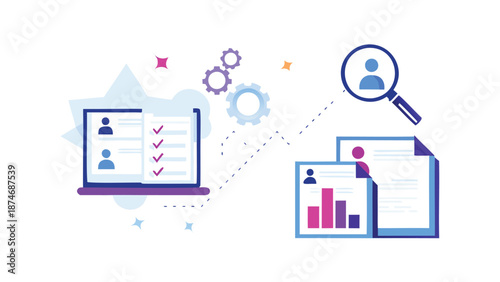 Isometric hiring workflow scene with computer documents and magnifying glass on white background for hr and recruitment concepts
