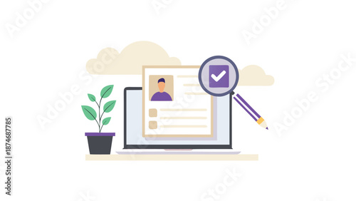 Professional resume on laptop screen with magnifying glass and pencil symbolizing career verification and editing surrounded by a potted plant on a clean white background