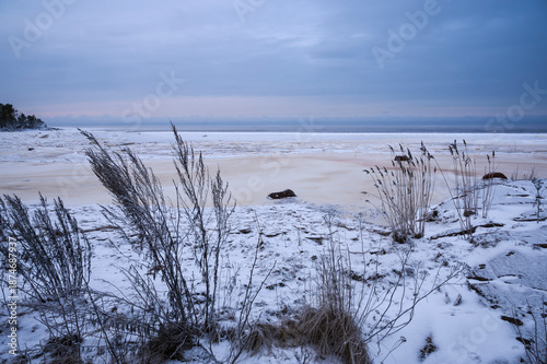 Beach and ocean in winter. Fäboda, Finland