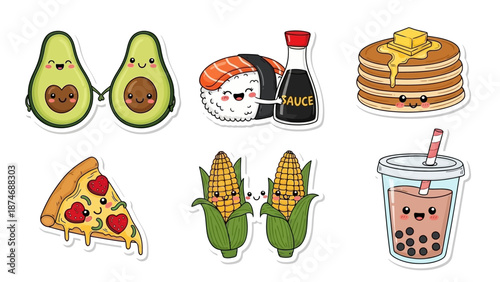 Delicious food stickers with smiling avocado, sushi, pancakes, pizza, corn, and boba tea