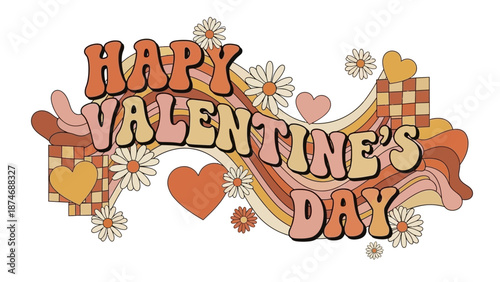 Vibrant Happy Valentine's Day graphic with hearts and flowers