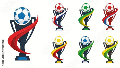 Vibrant soccer trophies with colorful ribbons and balls