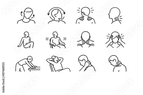 Healthy break mobility care focus gentle neck sitting desk clarity icon vector
