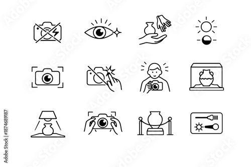 Cue museum icons flash artifact light icon no etiquette control preservation vector